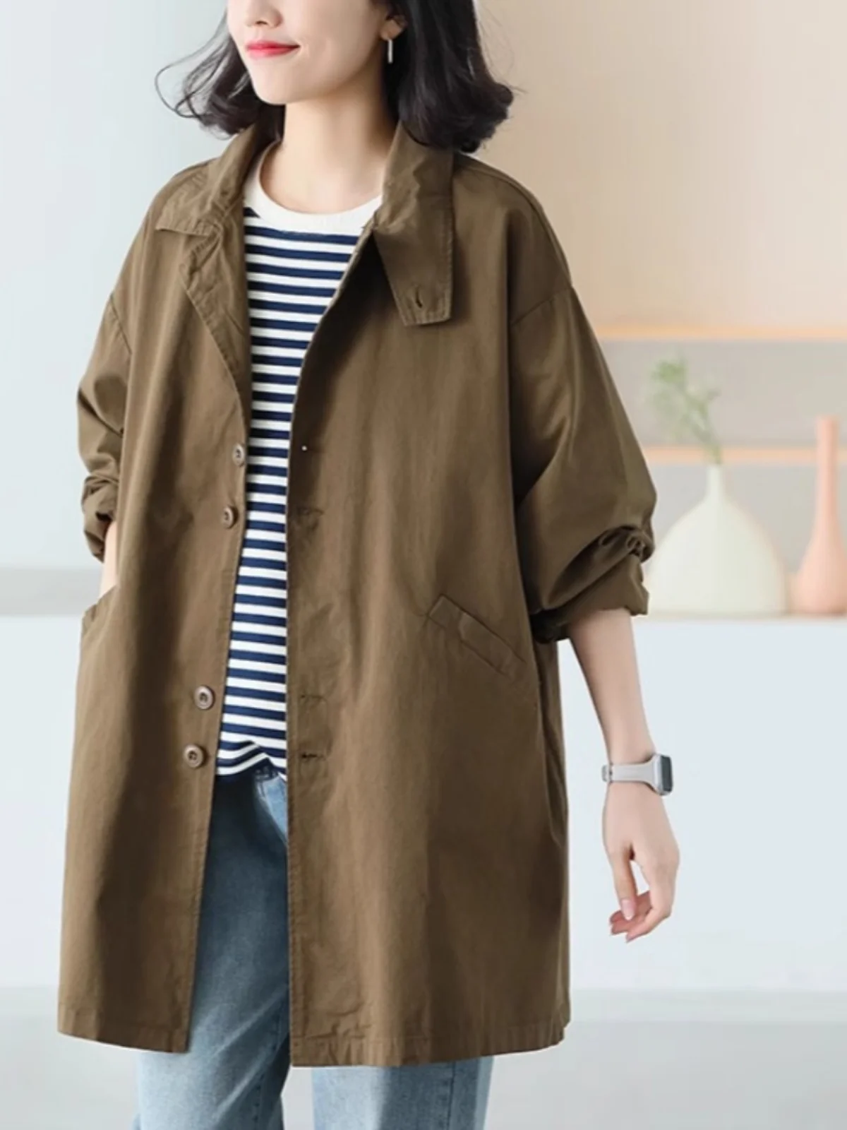 

Высококачественное повседневное свободное женское пальто на одной пуговице в стиле ретро, весенне-осеннее длинное пальто, верхняя одежда, ветровка