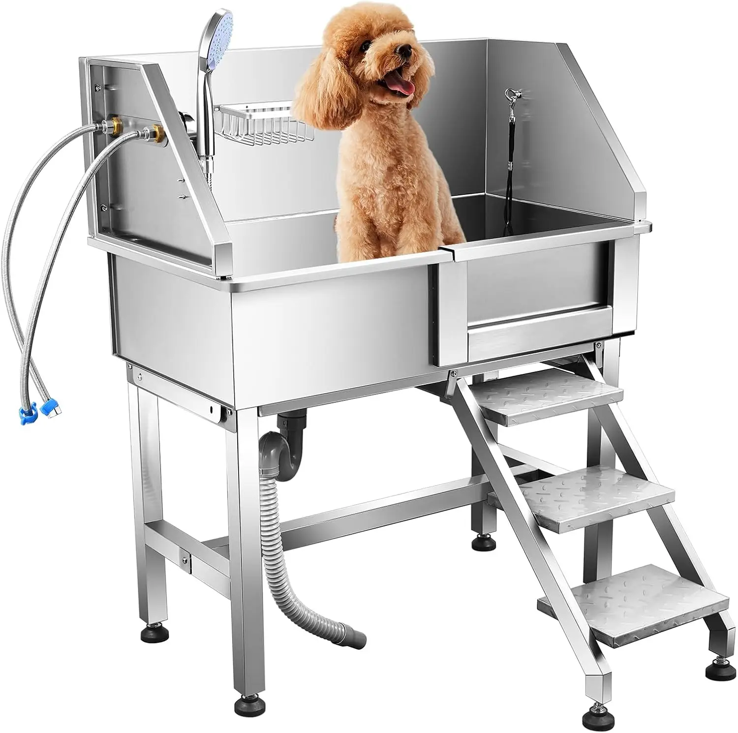 34-Inch Professional Stainless Steel Dog Grooming Station Eco-Friendly Shower Sink Faucet Walk-in Ramp Pet Grooming Bathtub