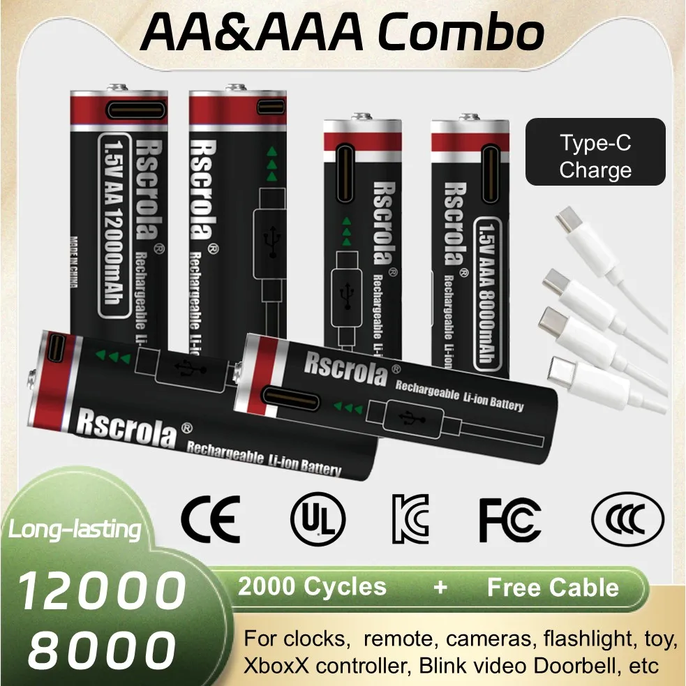 

Combo Pack of Rechargeable 12000mAh AA & 8000mAh AAA Battery,Large Capacity Li-ion Batteries with USB-C Cables for Mouse,Gamepad