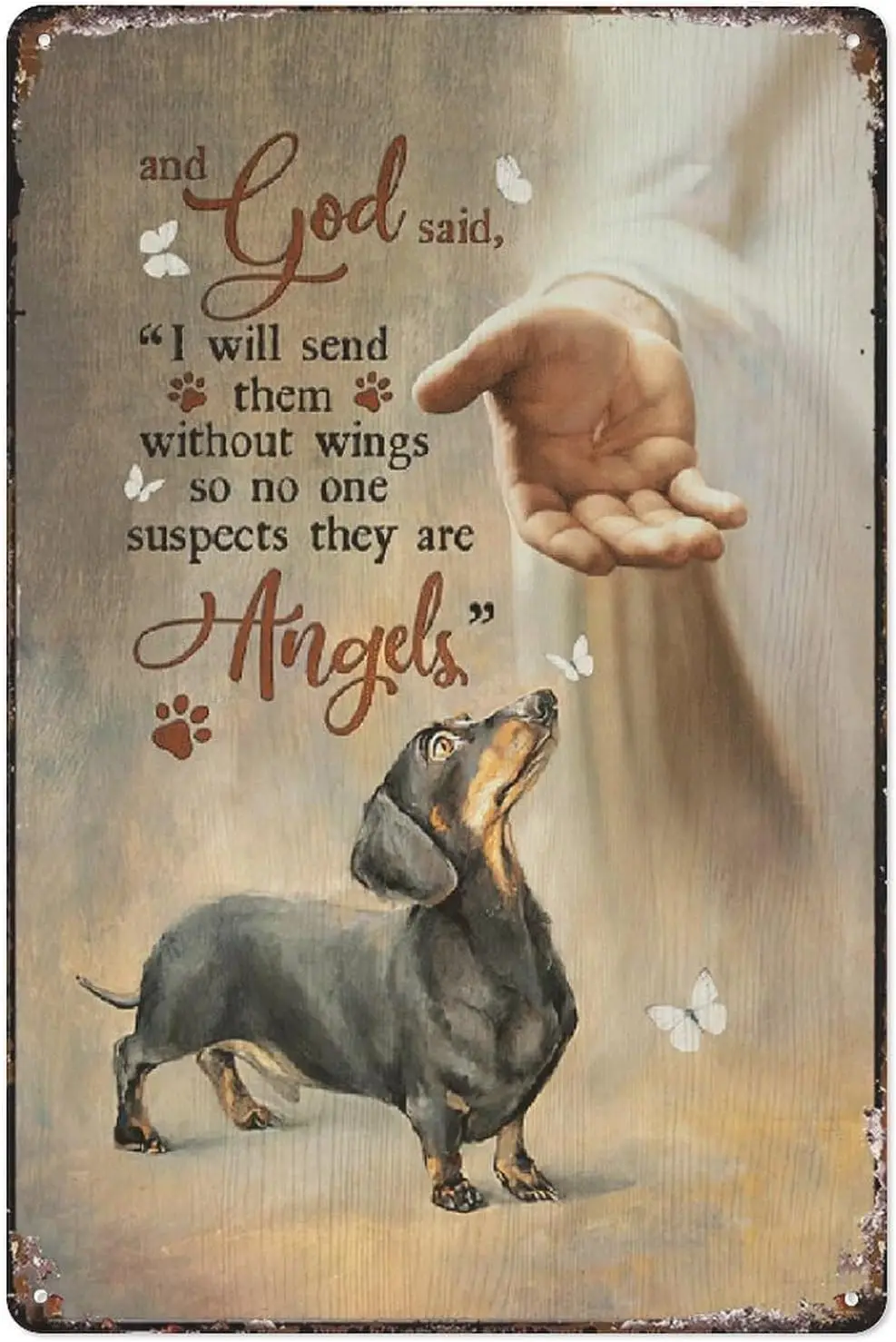 Compladeta Metal Tin Sign Vintage Heaven Portrait - God Hand, Dachshund Dog, Pawprints Portrait For Home, Living Room, Gard sign