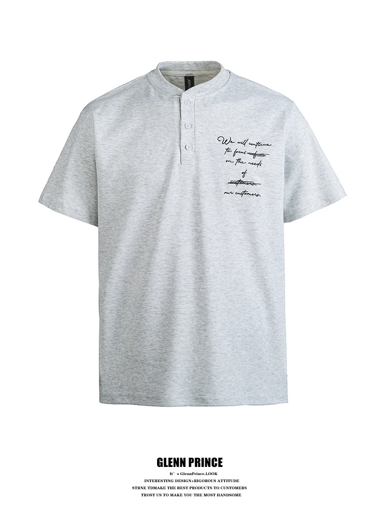 

GPstudio American Letter Embroidery Henry Collar Short Sleeve T-Shirt Men Summer New Fashion Design Half Sleeve Tee