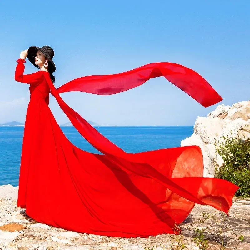 V-neck Vintage Big Red Chiffon Dress Trail Long Sleeves Flowing Large Swing Beach Holiday Dress Travel Shooting Long Dress XQ151