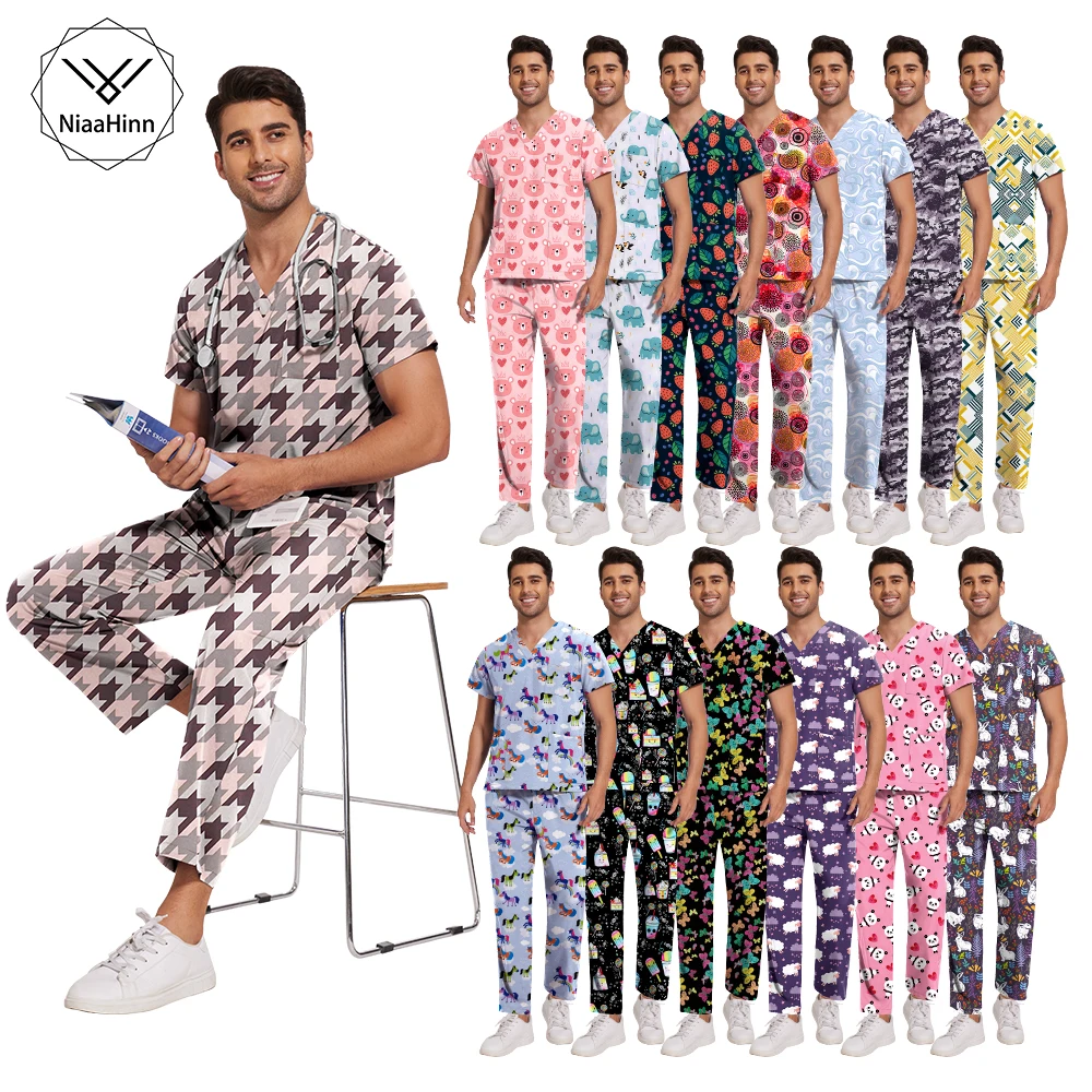 Atacado de alta qualidade conjuntos esfrega uniforme clínico mulher homem macio enfermagem workwear moda multicolorido impressão esfrega calças superiores conjunto