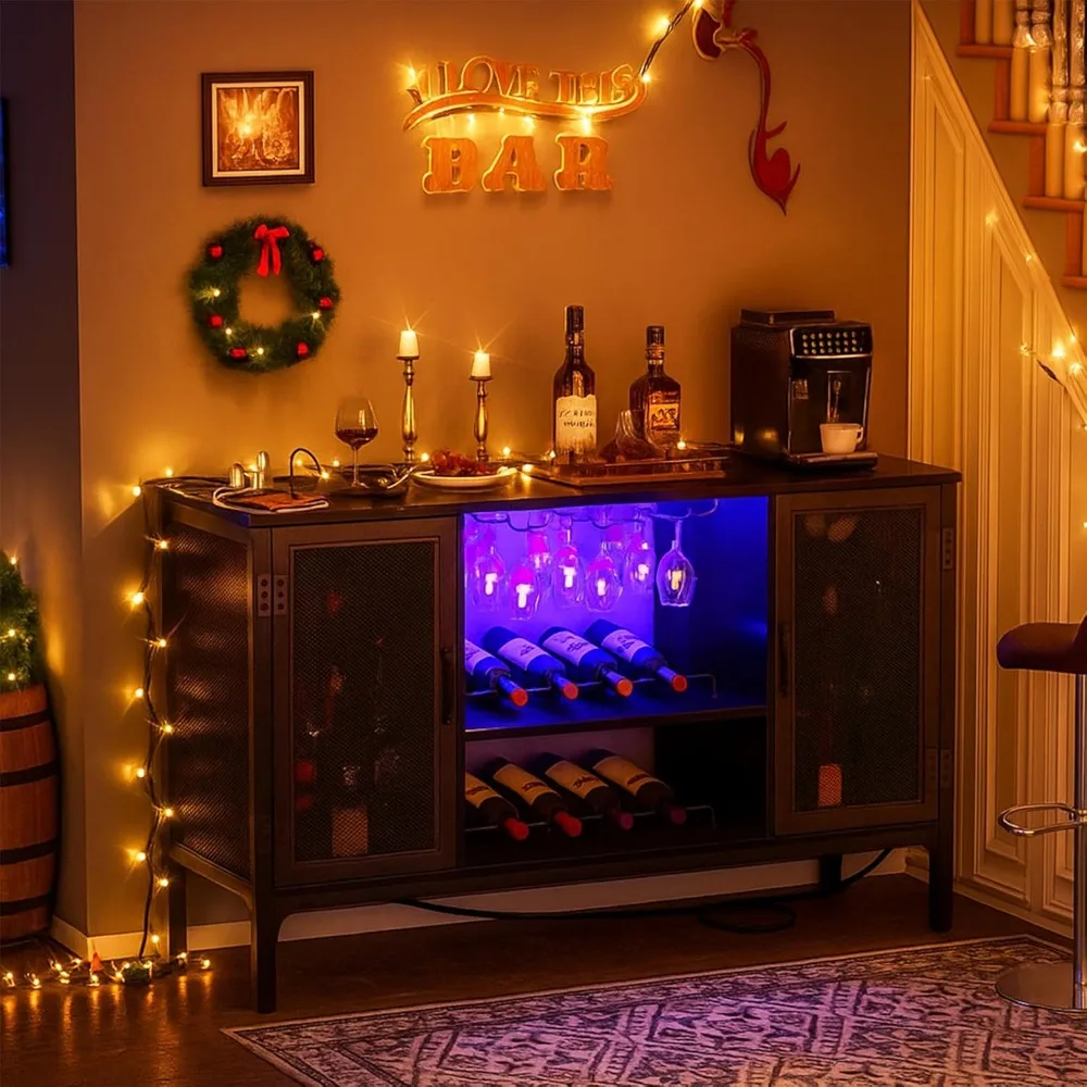 خزانة بار النبيذ مع منافذ كهربائية وأضواء LED، وخزانة مشروبات صناعية مع رفوف نبيذ قابلة للتعديل، وخزائن محطة القهوة #3