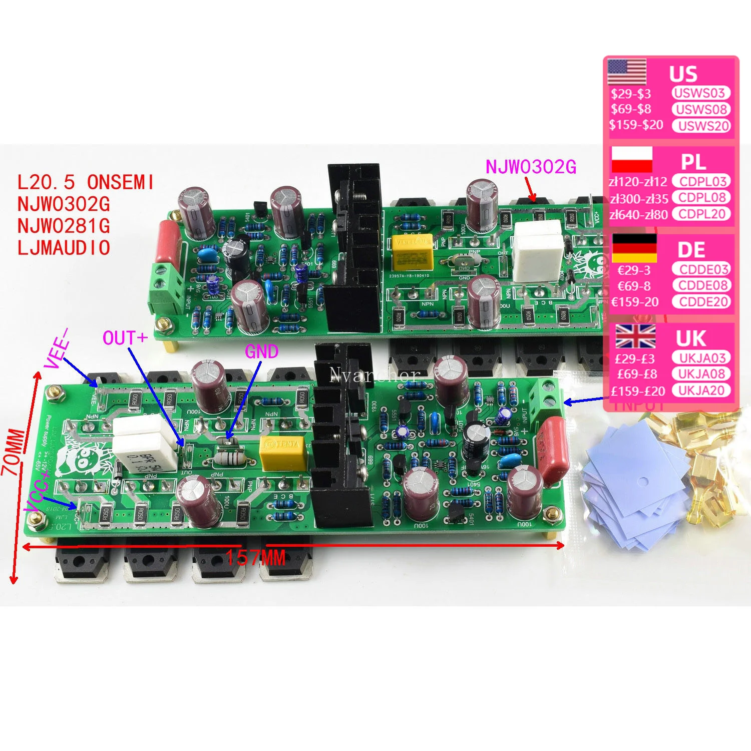 Nvarcher 2PCS L20.5 Dual Channels Audio Amplifiers LJM HI-END Ultra-low Distortion Sound Amplifier DIY Kits and finished boards