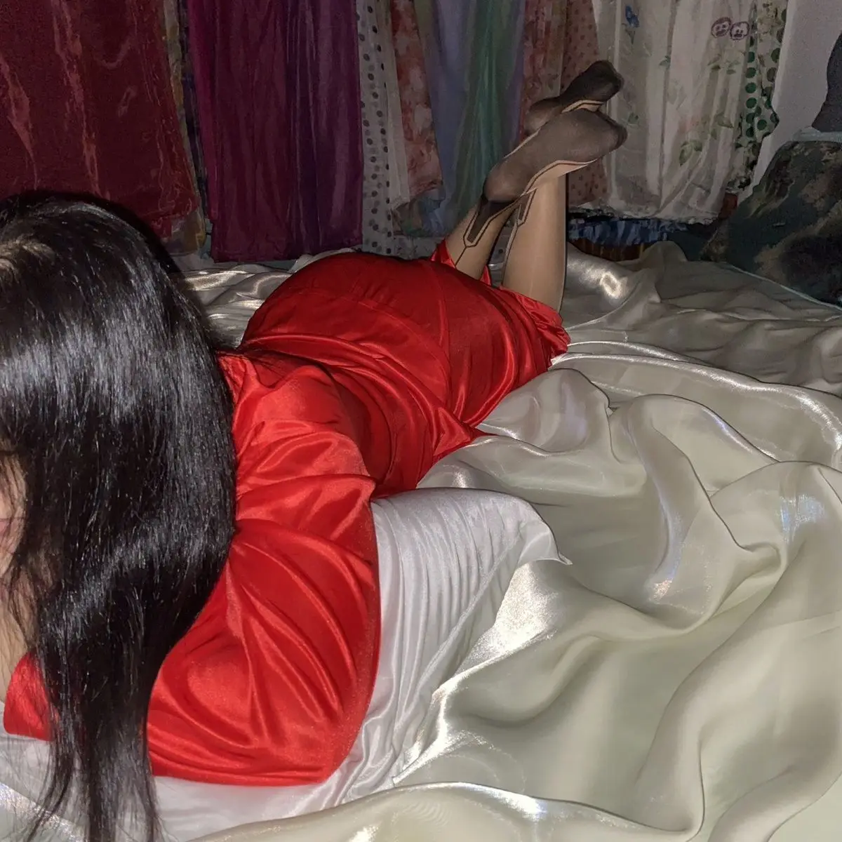 

Glossy satin silk pajamas two-piece set Women long sleeve loose sleeping plus size top pants