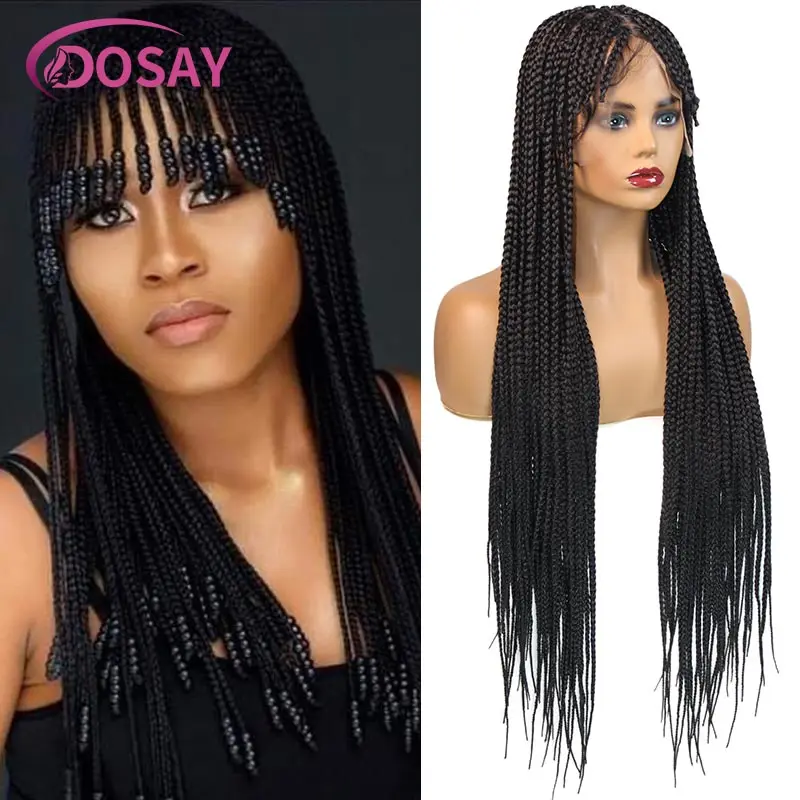 32inch Synthetic Braided Wigs Full Lace Wig With Bangs Lace Frontal Wig Hair Knotless Cornrow Box Braiding Wigs For Black Women