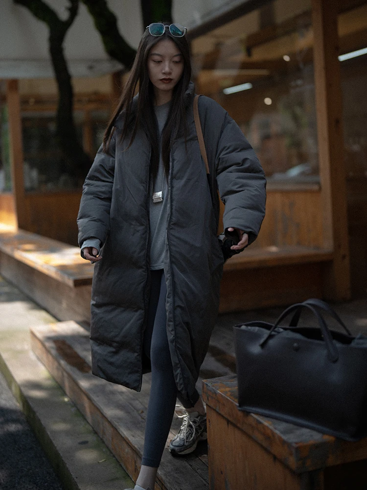 

Texture Si Thiened Loose Women's down Jaet Simple ape Lazy Sle Polyester Fabric Warm Long Sve Zipper Closure Coat