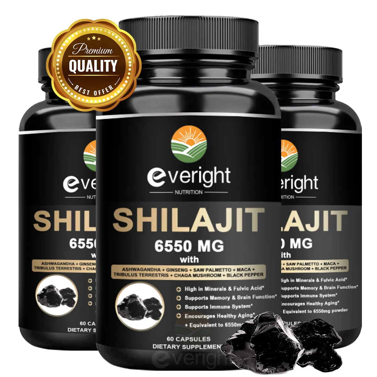 Shilajit Resin Himalayan Capsules - 6550mg - Combined Ashwagandha, Ginseng, Saw Palmetto, Maca, Tribulus, Chaga, Black Pepper