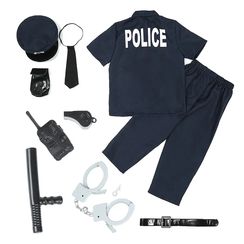 

Child Kids Police Cosplay Policeman Costume Short Sleeve Shirt Blue Uniform for Boys Role Play Party Outfit Halloween Carnival
