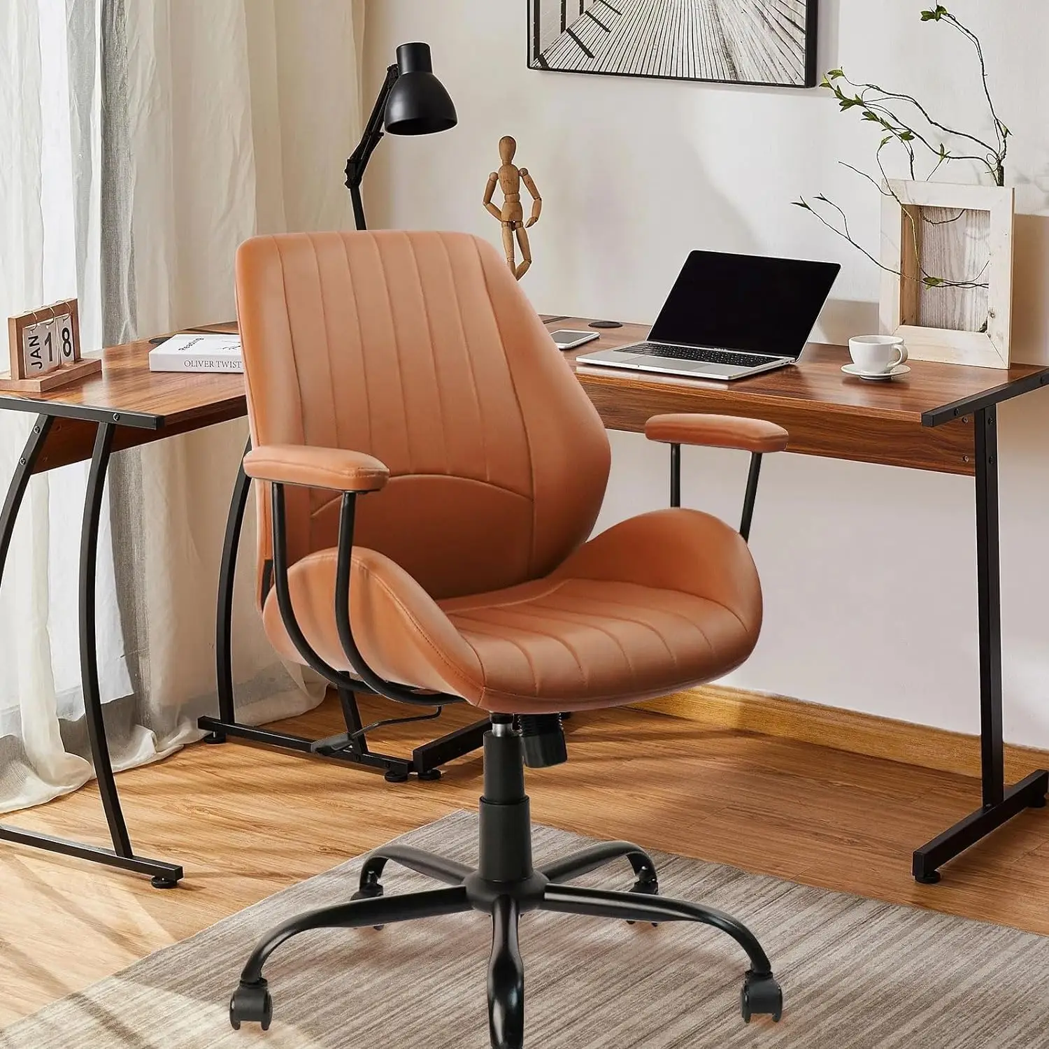 Clatina Home Office Brown Chair Pu Leather Desk Chair, Brown Modern Ergonomic Office Desk Chair With Wheels, Mid Century Modern