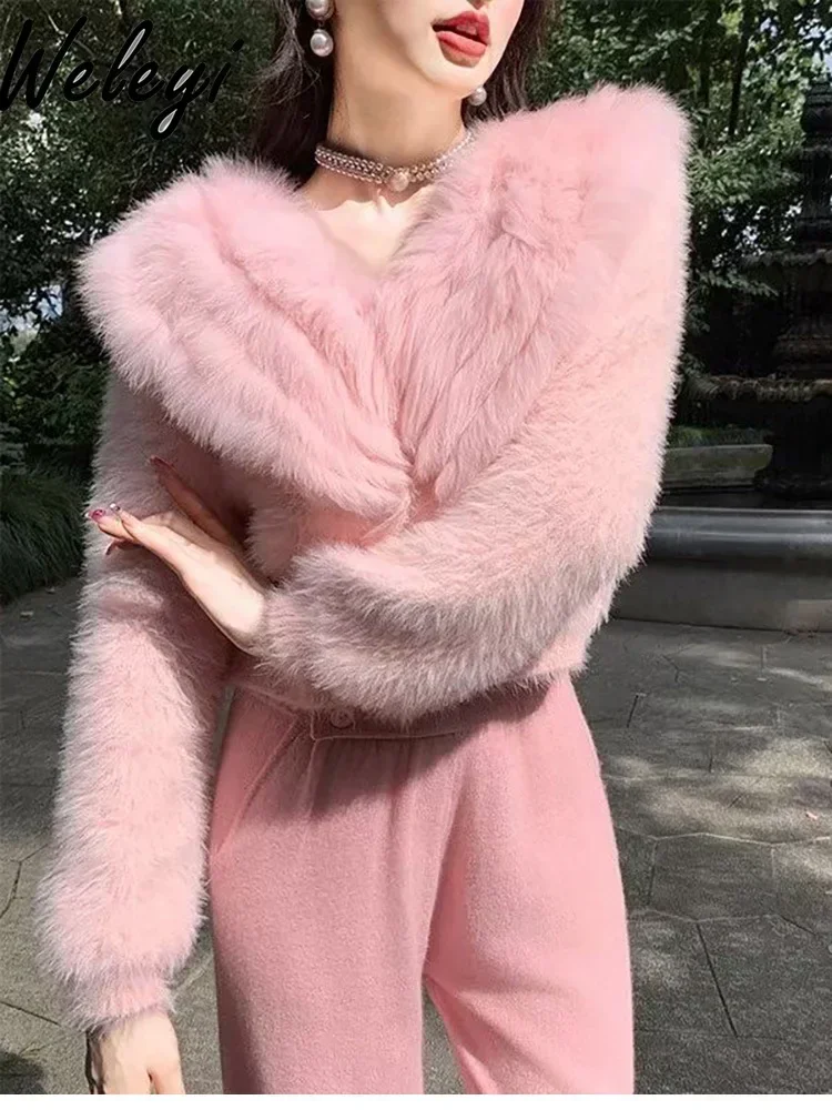 High-end Women\'s Warm Pink Furry Knitted Sweater Jacket Autumn Clothes 2024 New Korean Fashion Long Sleeve Short Fur Coat Trendy