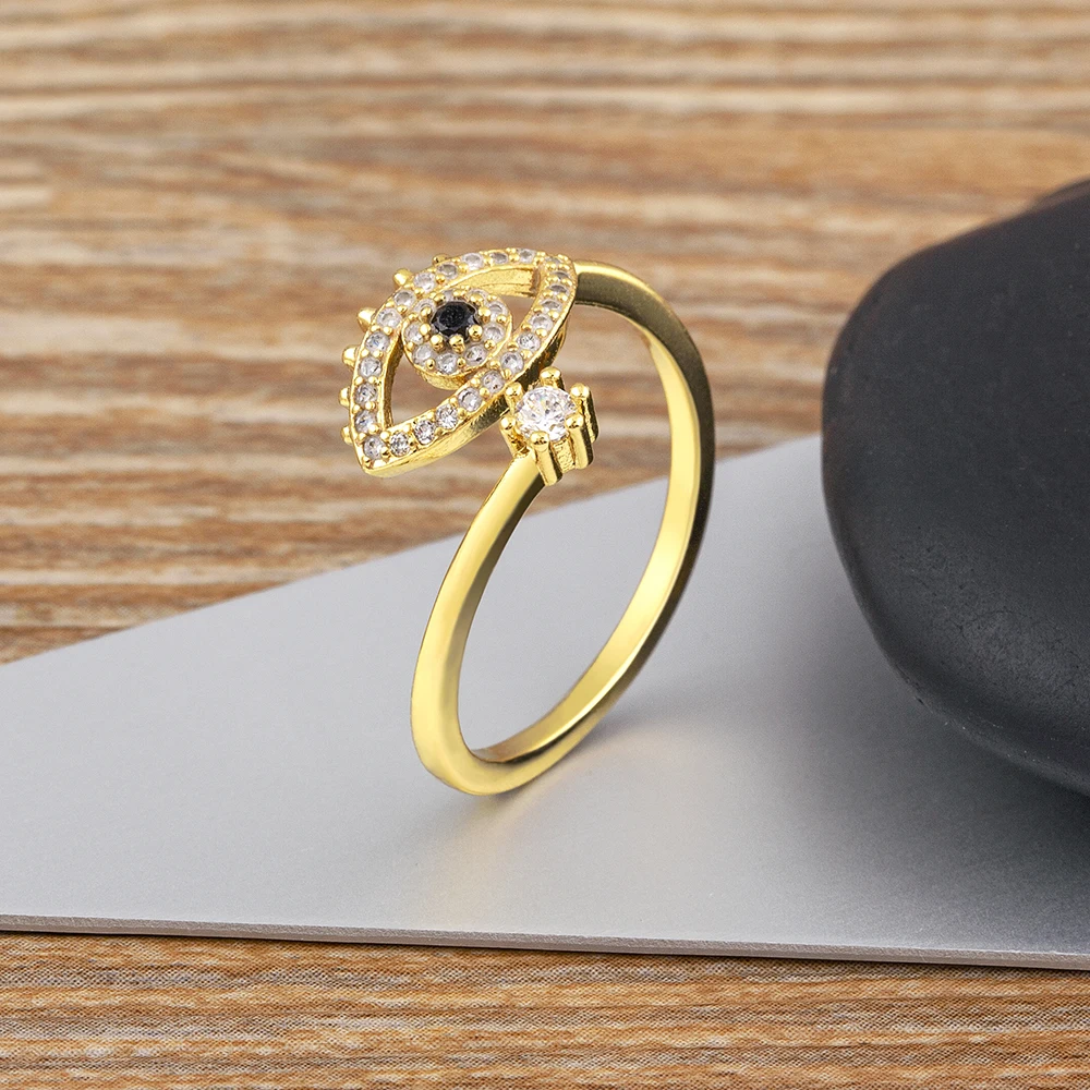 Nidin Lucky Turkish Evil Eye Open Copper Gold Color Finger Rings Adjustable for Women Girls Men Fashion Party Jewelry Gift