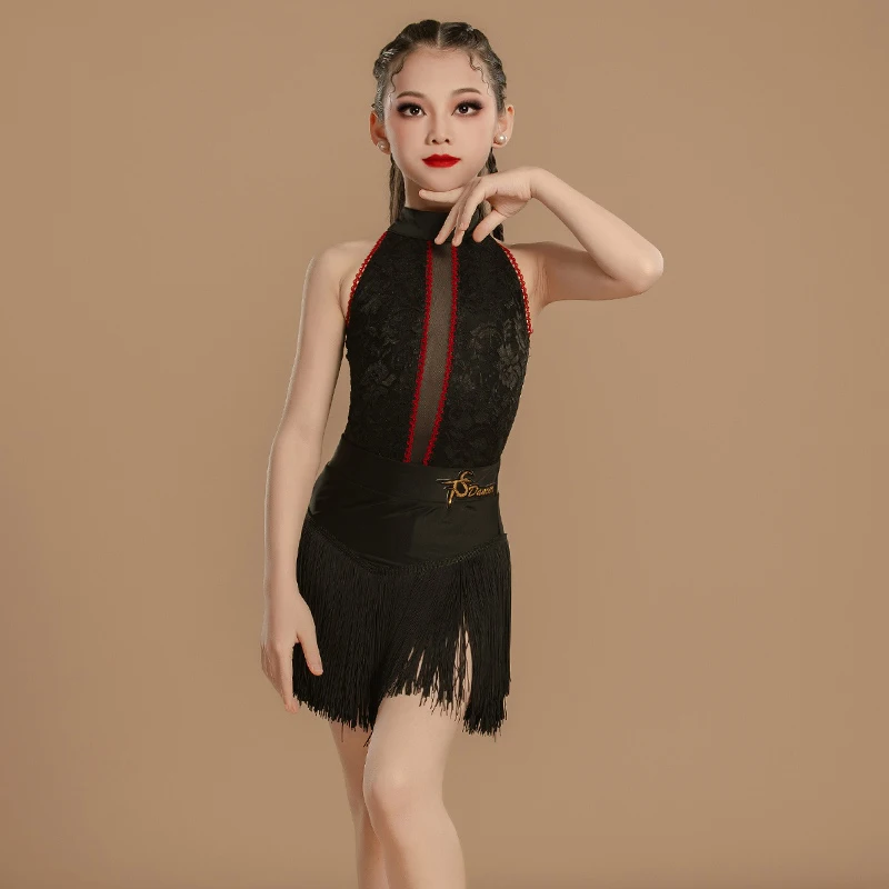 Robes de concours de danse latine pour filles, robe noire à franges, vêtements d'entraînement de danse pour enfants, SL12312