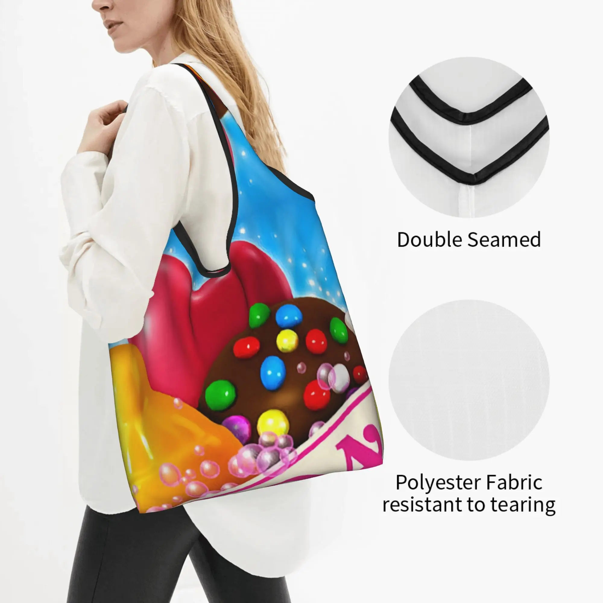 Custom Video Game Colorful  Candy Crush Saga  Shopping Bag Women Portable Big Capacity Groceries  Tote Shopper Bags