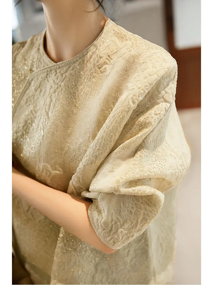 2024 chinese style improved women cheongsam blouse diagonal placket chinese top gold thread long sleeves coat autumn blouse