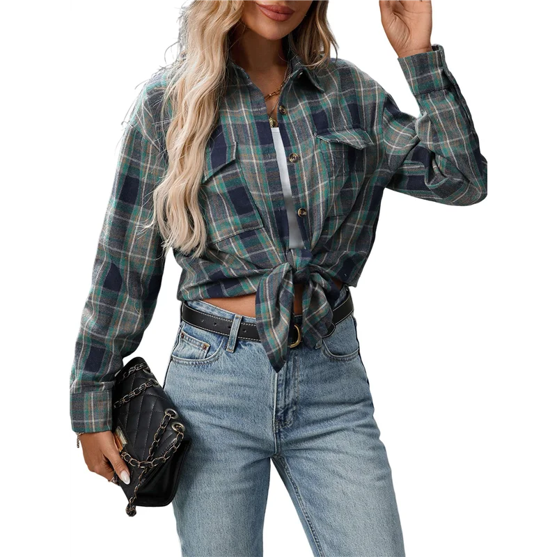 

CGS-Женская рубашка на пуговицах, клетчатая рубашка с длинными рукавами и лацканами, деловые повседневные топы, рабочая рубашка