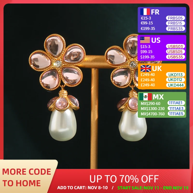 

Vintage Crystal Flower Pink Earrings Drop Dangle Pearl Antique Accessories For Woman Jewelry Luxury Designer Girls 2025 New Item