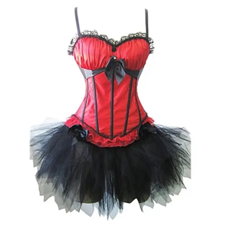 

Sexy Woman Fancy Lace Bowknot Corset Top with Mini Tutu Skirt Red Satin Corset Dresses Showgirl Dance Carnival Party Costumes