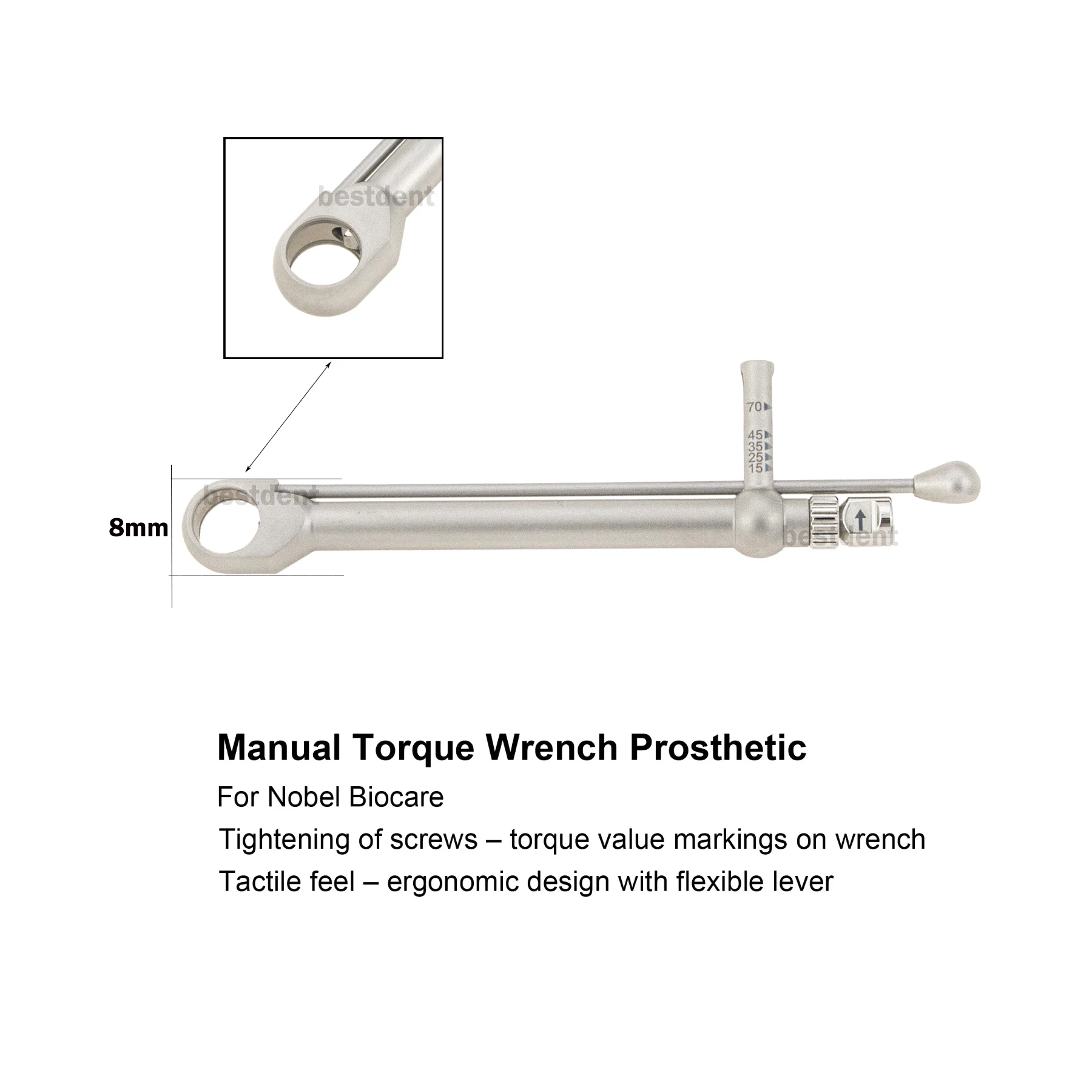 

Dental Implant Torque Wrench Ratchet Manual 8mm Compatible Fit Nobel Biocare 15-70Ncm