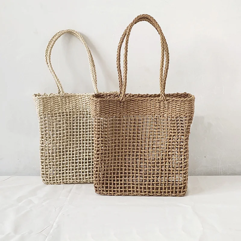 Fashion Rectangular Woven Handbag Mobile Phone Bag Women Straw Woven Bag Holiday Lady Hollow Out Shoulder Bag Beach Bag