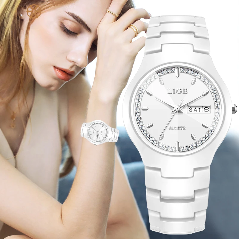 

LIGE Fashion Luxury Woman Watch Elegant Top Brand Ceramics Diamond Waterproof Week Calendar Ladies Quartz Watches for Women+Box