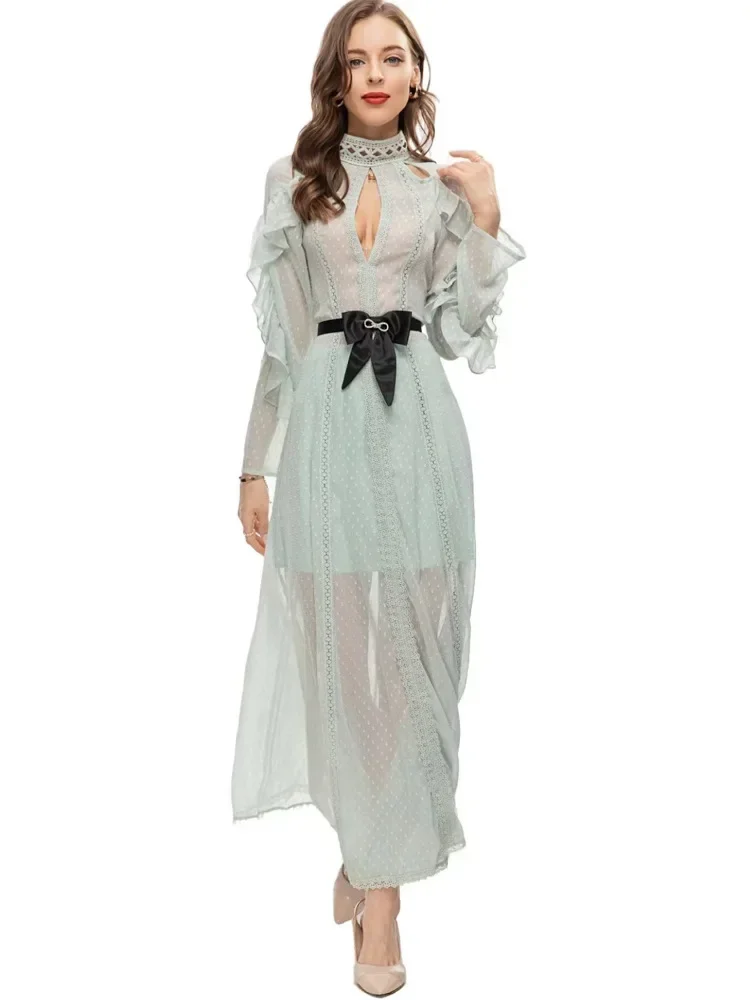 

Summer Fashion Runway Bohemian Pink Chiffon Dress Women Hollow Out Stand Collar Sashes Lace Ruffle Patchwork Long Dress