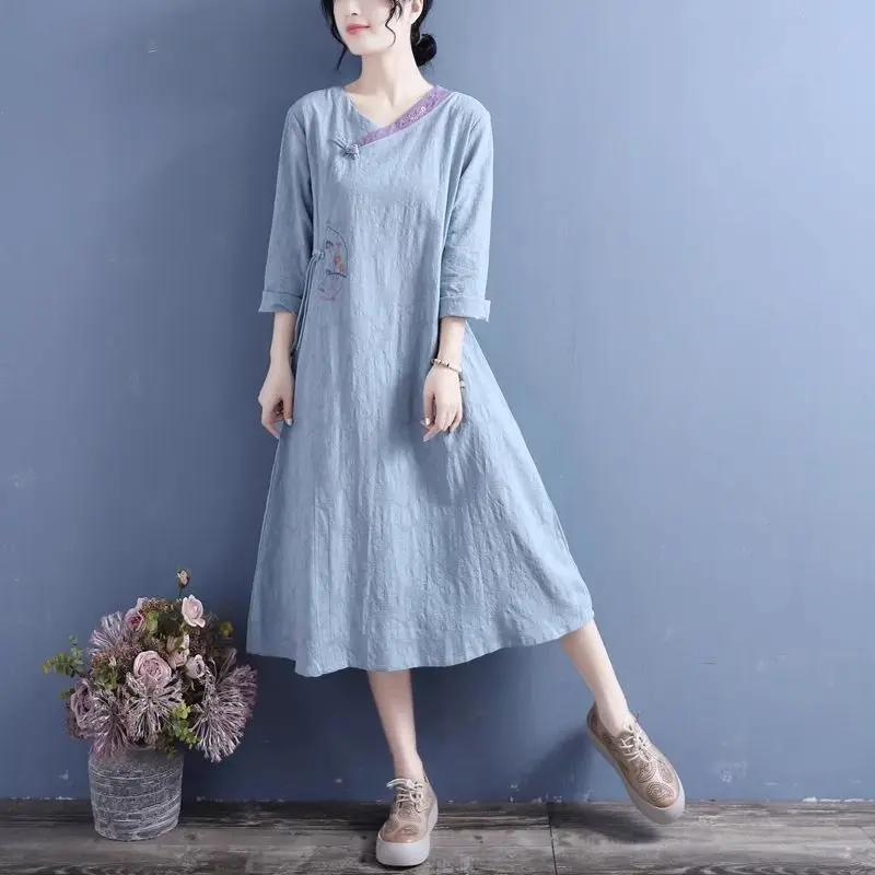 2024 Spring Summer Dress Women Fashion New Retro Art Crop Sleeves Simple And Slimming Cotton Linen Embroidered Dress Z4486