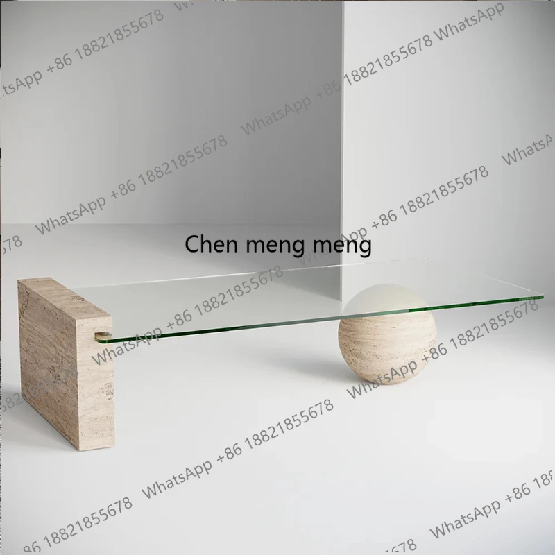 

Natural travertine glass coffee table Modern simple light luxury high-end home coffee table