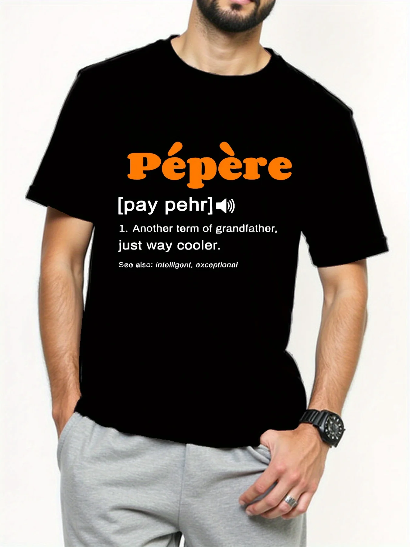 

Pepperman Men's Casual Pattern T-Shirt - Cool Grandpa slogan print, dark purple with orange letters, round neck, retro style