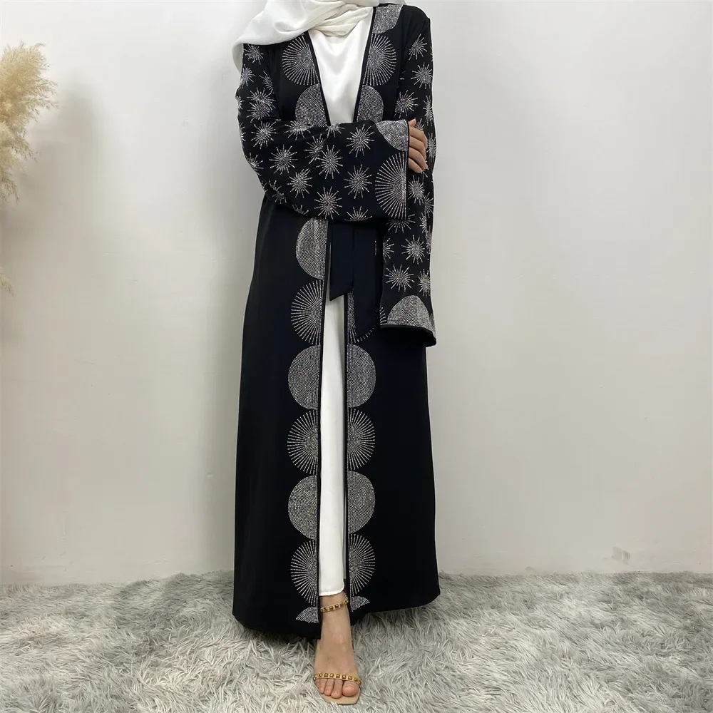 Diamonds Open Kimono Abayas for Women Evening Dresses Dubai Eid Ramadan Kaftan Muslim Turkey Arabic Robe Kebaya Islamic Jalabiya