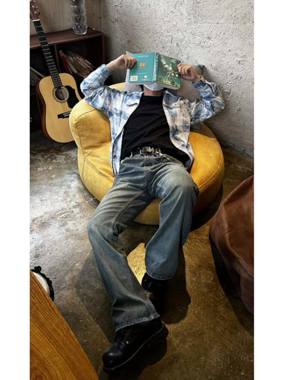 

Blue Men's Denim Jeans Dra Bamboo Node Pattern American Retro Straight Leg High-End Feeling CleanFit Haome Pants