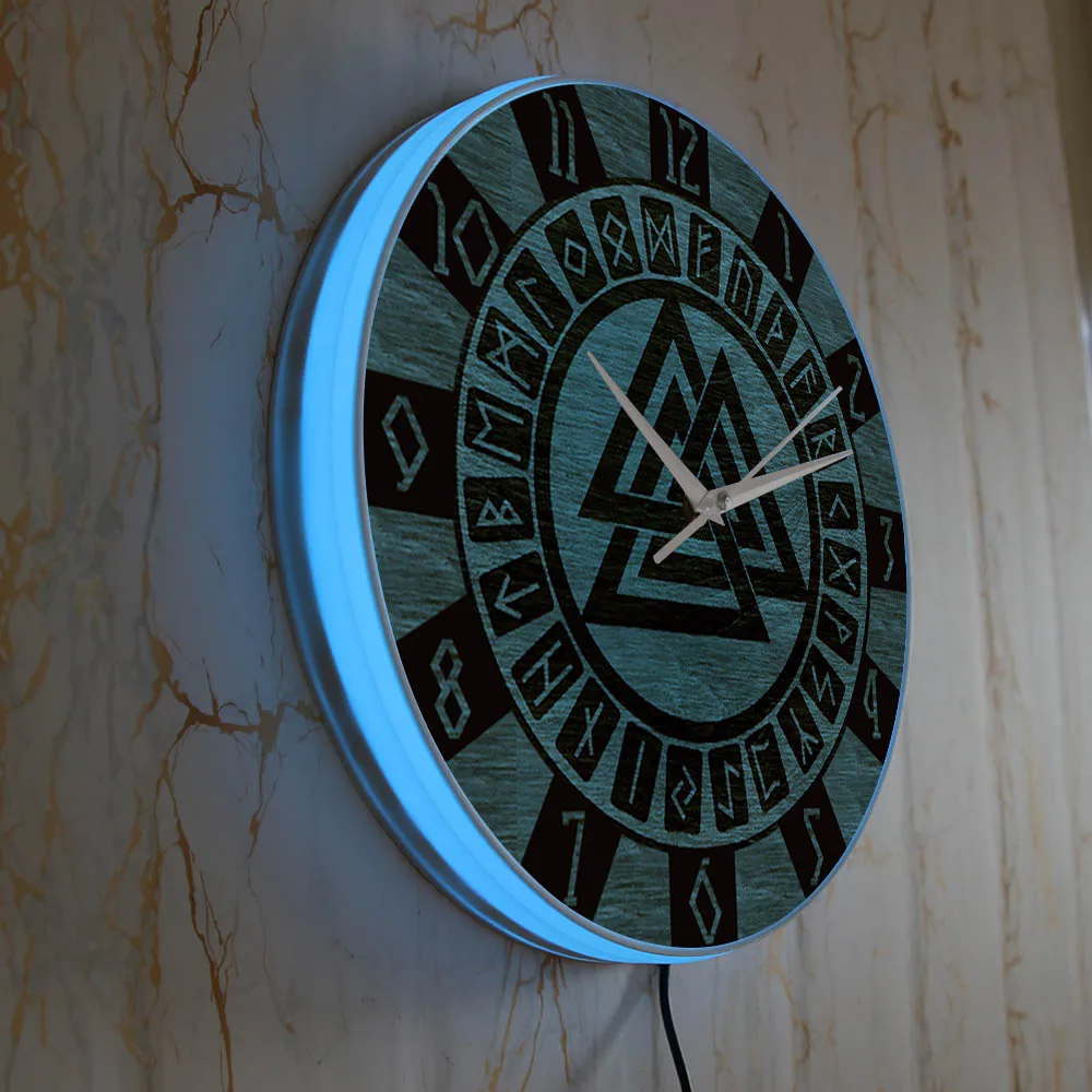 Celtic Pattern Valknut Symbol LED Nightlight Wall Clock For Living Room Viking Runes Wood Texture Printed Luminous Wall Clock