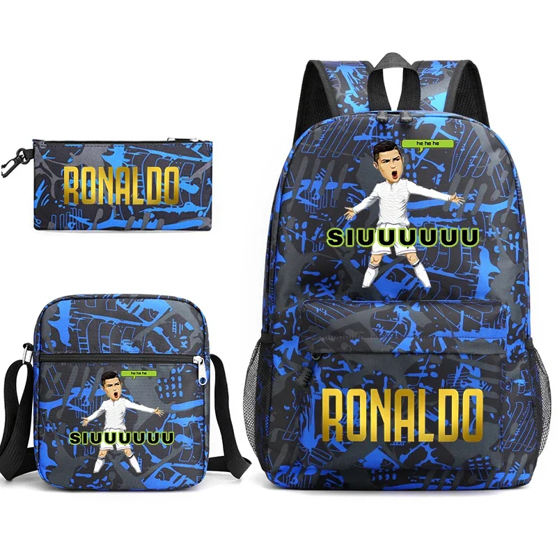 Ronaldo printed children's backpack set student school bag shoulder bag pencil case 3-piece set suitable for boys and girls