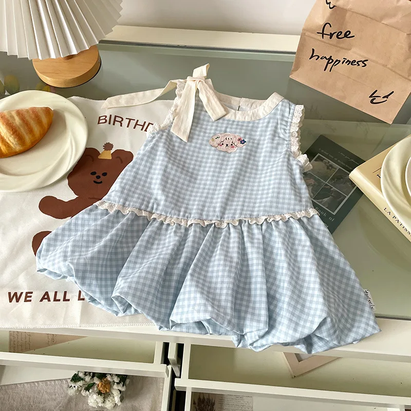 Baby Girls Summer Blue Dress Cute Cartoon Print Bows Lace Sleeveless A-line Ball Gown 1-6Y Kids Plaids Princess Dresses New