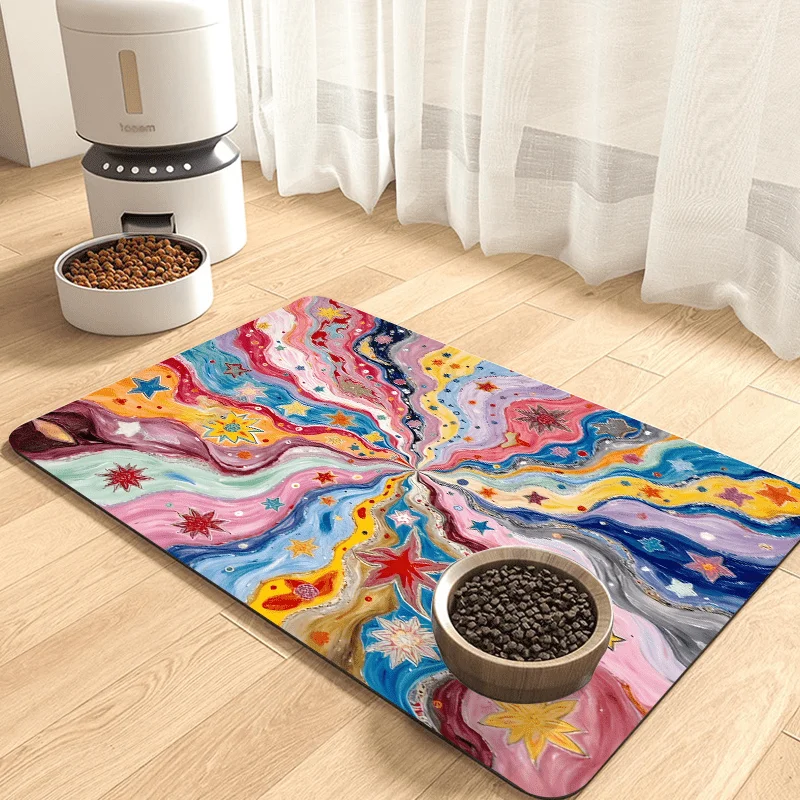 The 1pc Multi-Size Pet Feeding Mat Featuring a Psychedelic Galaxy Pattern Is Highly Absorbent, Making It Ideal for Food