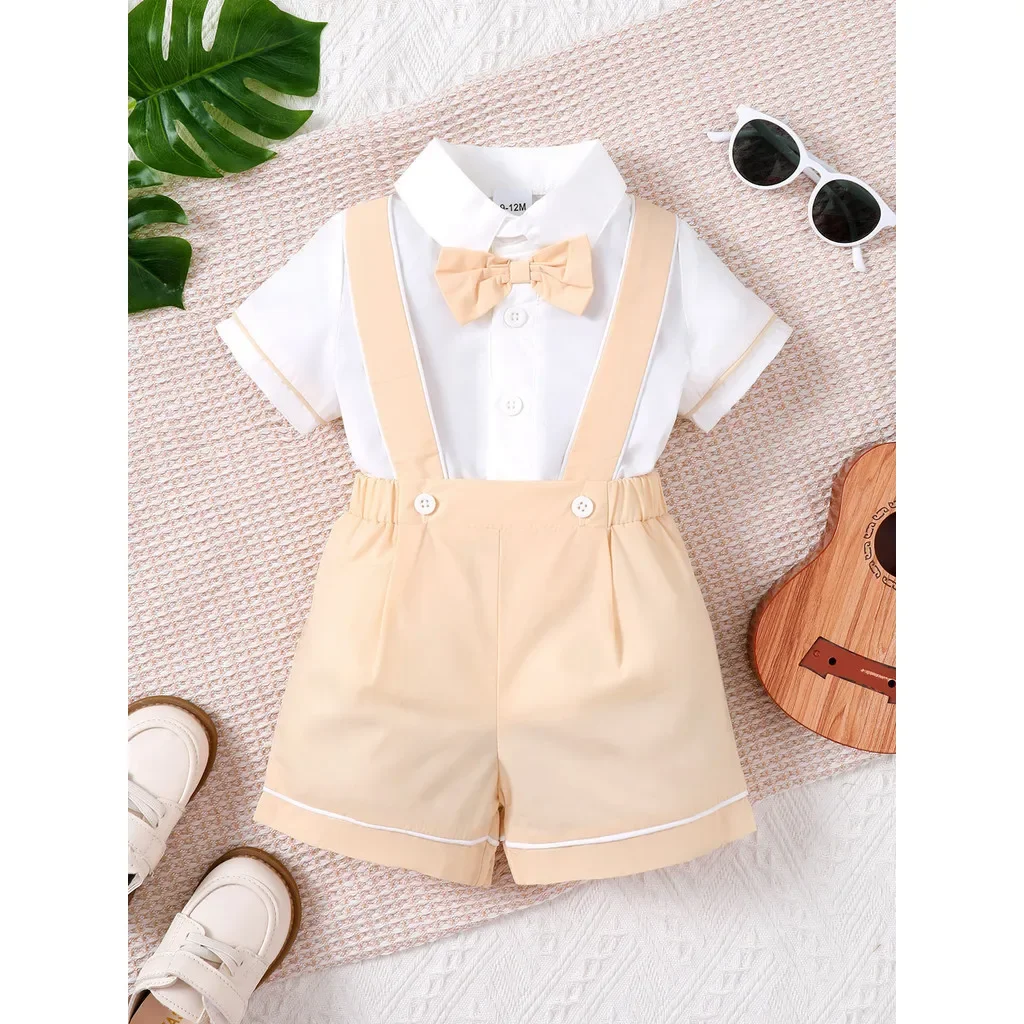 0-3 Years Toddler Boys Formal 2PCS Clothing Set Short Sleeve Bowtie Shirt With Overall Wedding&Birthday Party Outfit for Kid Boy