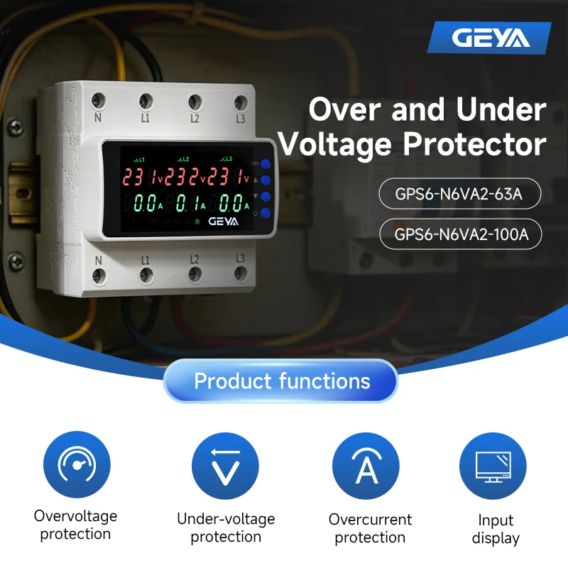GEYA 3 Phase AC220V 380V Voltage Relay 63A/100A Adjustable Over Under Voltage Current Limit Protection Relay Protector Din Rail