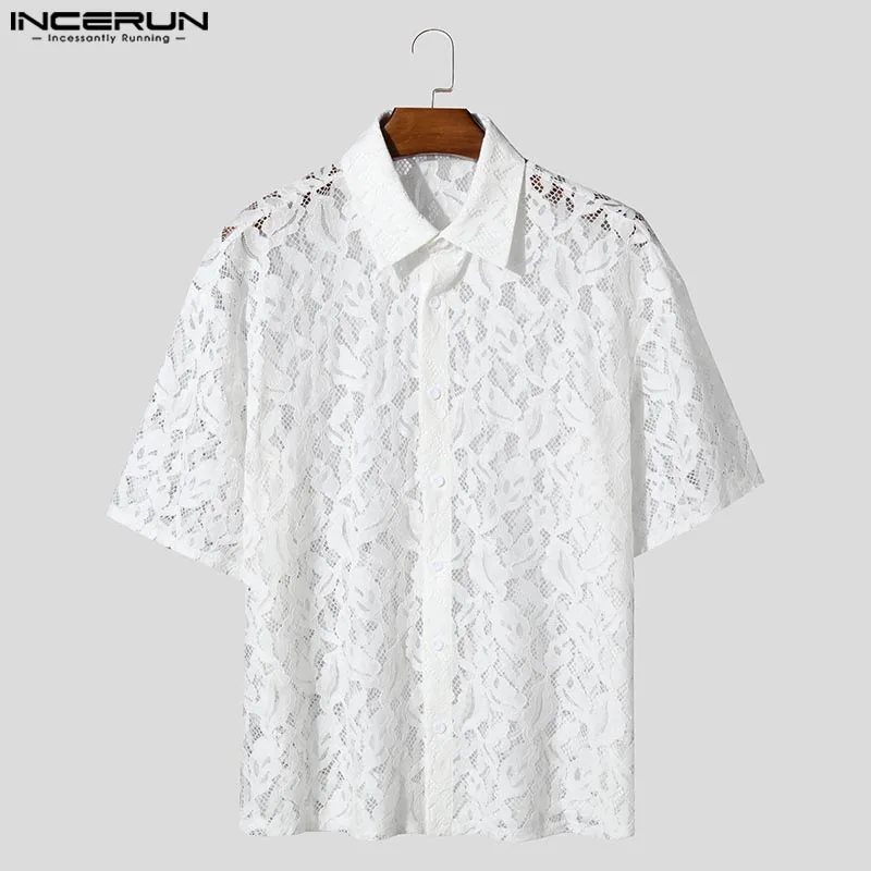 

INCERUN Мужская рубашка, кружевная прозрачная сетчатая рубашка с лацканами и коротким рукавом, пикантная мужская одежда больших размеров, уличная одежда, лето 2025, вечерние рубашки унисекс