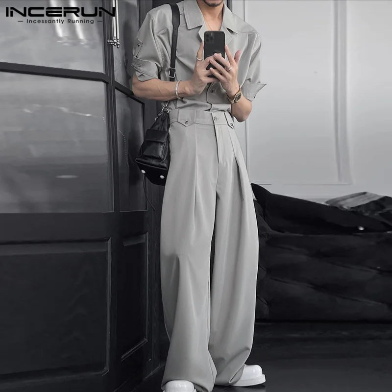 INCERUN Men Sets Solid Color Half Sleeve Shirt & Pants Two Pieces Sets Streetwear Loose 2025 Fashion Men's Casual Suits S-5XL