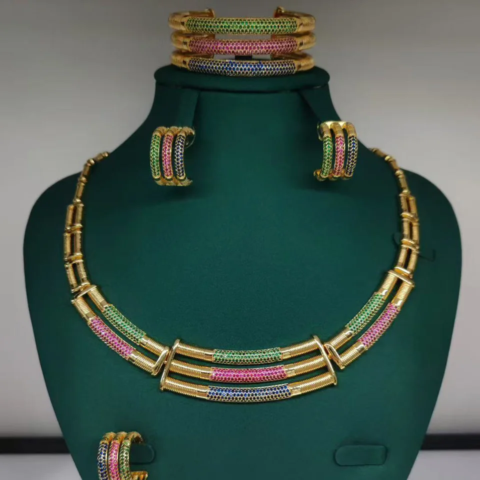 Zlxgirl Dubai Gold plated necklace earring bangle ring jewelry sets for women wedding CZ zircon bridal bijoux