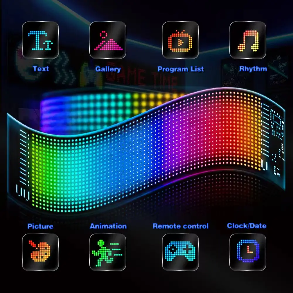 LED مصفوفة بكسل لوحة APP AI وظيفة الصوت مرنة عنونة RGB نمط الكتابة على الجدران التمرير النص الرسوم المتحركة عرض السيارة