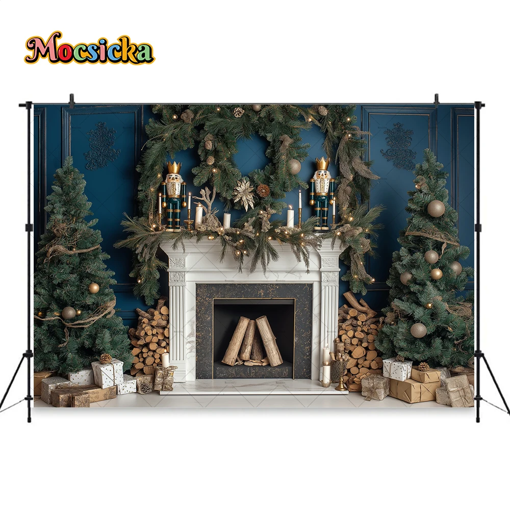 Christmas Fireplace Room Background Photography Retro Blue Nutcracker Soldier Toy Gift Backdrop Glitter Xmas Tree Decor Booth