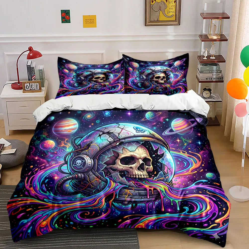 Skull in cosmic helmet colorful surreal Printed Duvet Cover Set1 Duvet Cover+2 PillowcaseMulti Size Bedroom Bedding Decoration