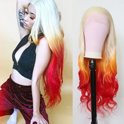 Thiswig #613 blond żółty Ombre czerwony długie faliste syntetyczna koronka peruka Front dla kobiet 3 ton kolor żaroodporny peruka do Cosplay włosów