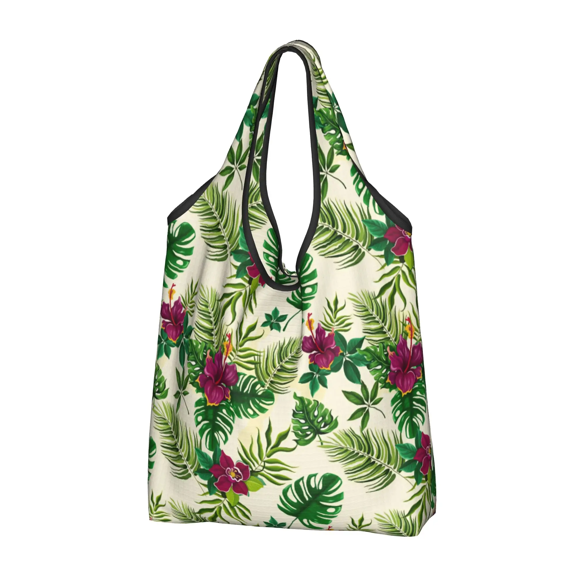 Palm Leaves And Flowers Tropical Plants Groceries Shopping Tote Bags Women Custom  Shopper Shoulder Bags Big Capacity Handbag