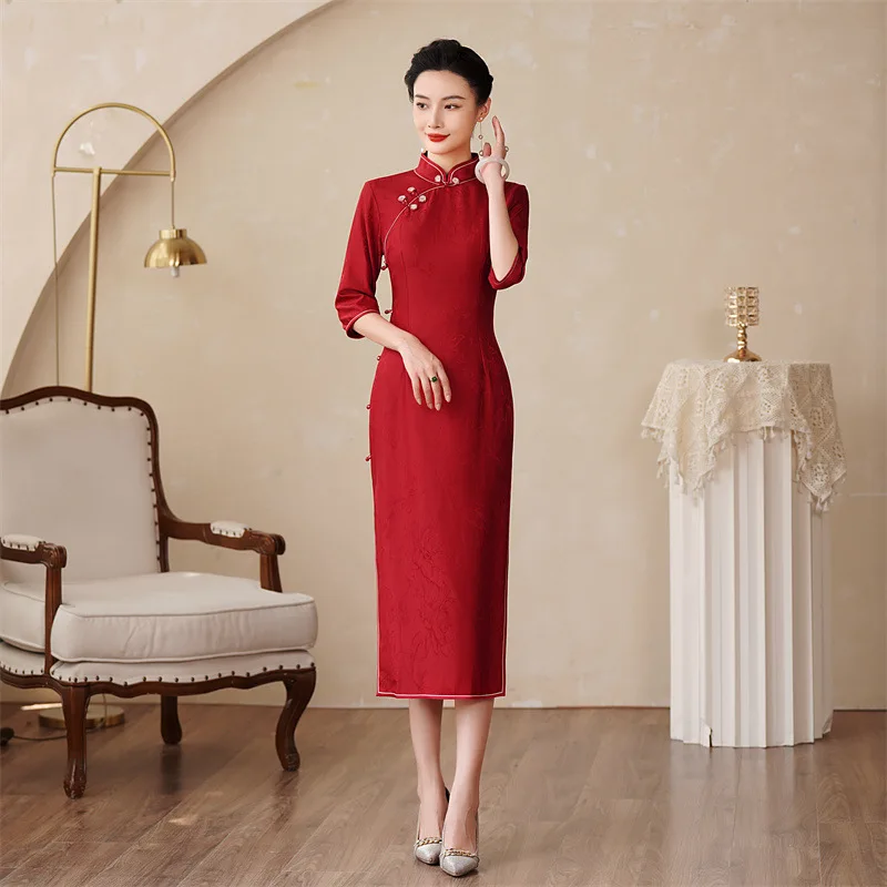 High Quality High-End Real Silk Cheongsam Qipao Spring and Autumn Chinese Style Mother-in-Law Happy Mother Dress Gown