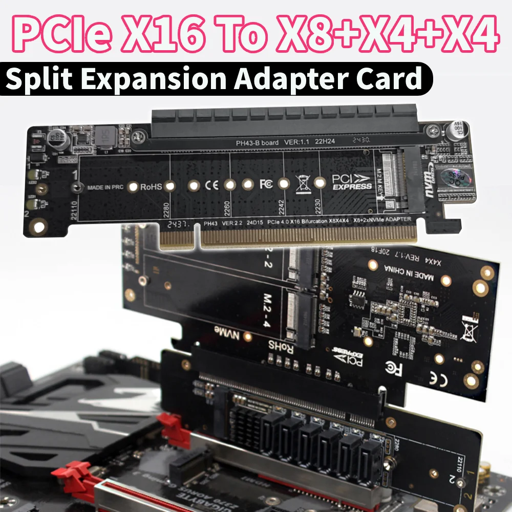 

Карта адаптера разделенного расширения PCIe X16 к X8+X4+X4 PCIE4.0 M.2 NVMEx2 с поддержкой входных портов 2280/2260/2242/2230 SSD с винтами