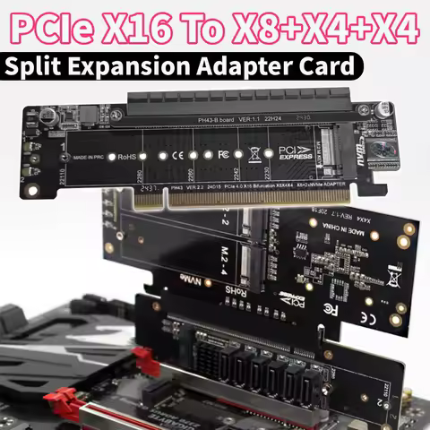 PCIe X16 To X8+X4+X4 Split Expansion Adapter Card PCIE4.0 M.2 NVMEx2 Input Ports Support 2280/2260/2242/2230 SSD with Screws