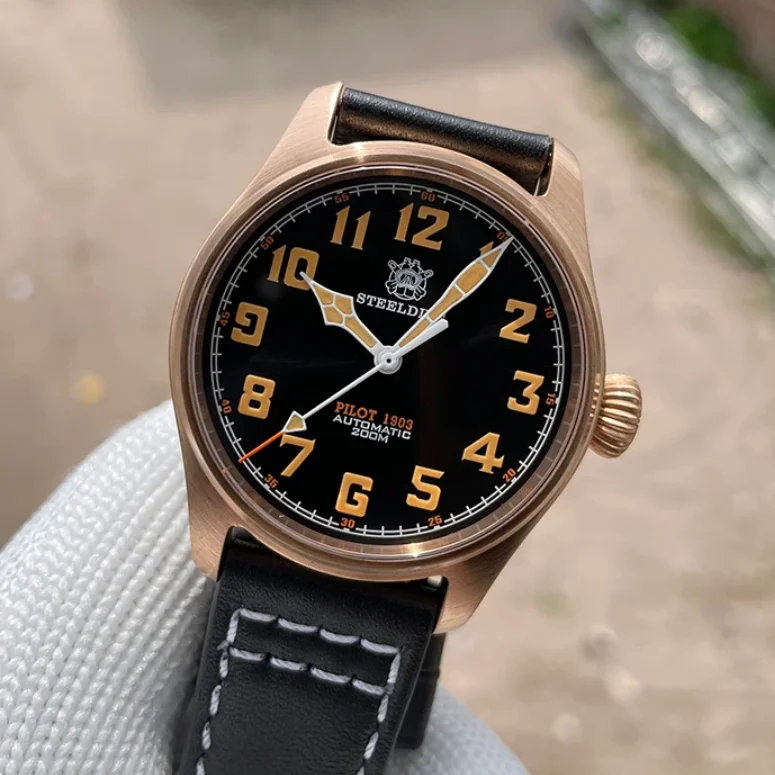 Мужские часы STEELDIVE Pilot, 39 мм, бронзовые автоматические механические наручные часы для дайвера, 20 АТМ, водонепроницаемые, C3, светящийся сапфир, NH35